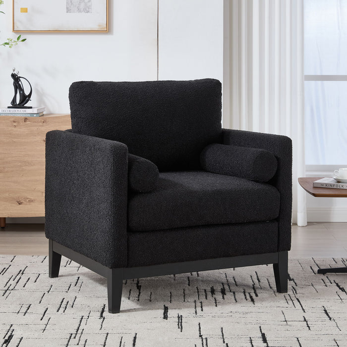 Giga wide modern farmhouse performance armchair with wooden legs and base, featuring a comfortable upholstered seat and back.