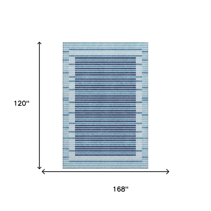 10' X 14' Striped Washable Area Rug With UV Protection (693504) - Sky Blue / Ivory / Navy Blue
