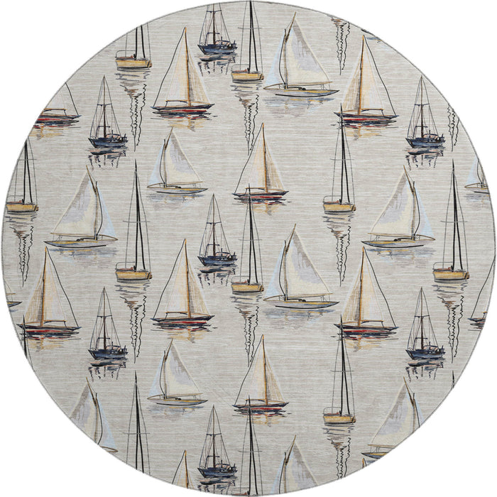 8' Nautical Washable Round Rug With UV Protection - Ivory And Black