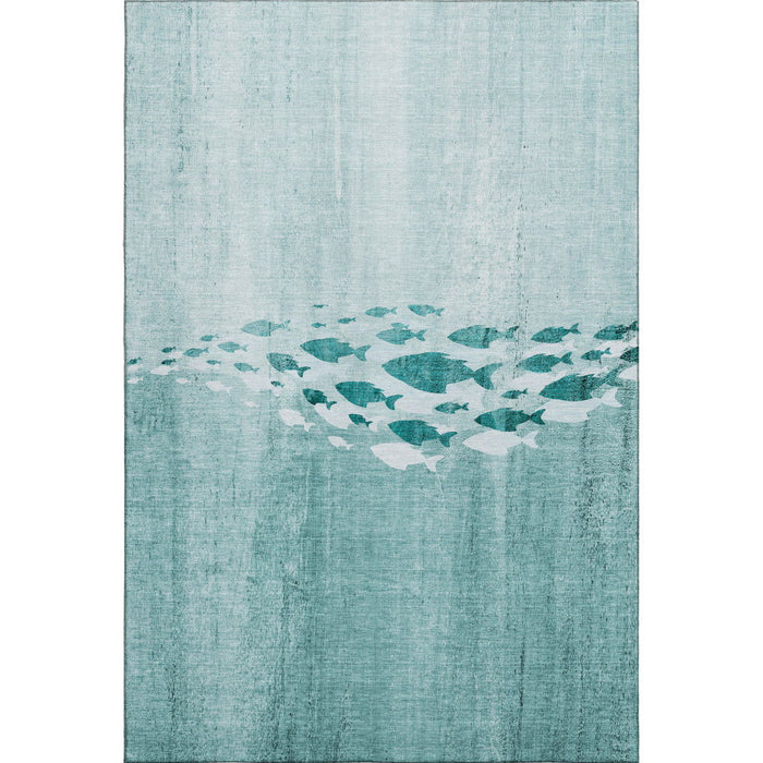 10' X 14' Nautical Washable Area Rug With UV Protection (652791) - Teal / Ivory