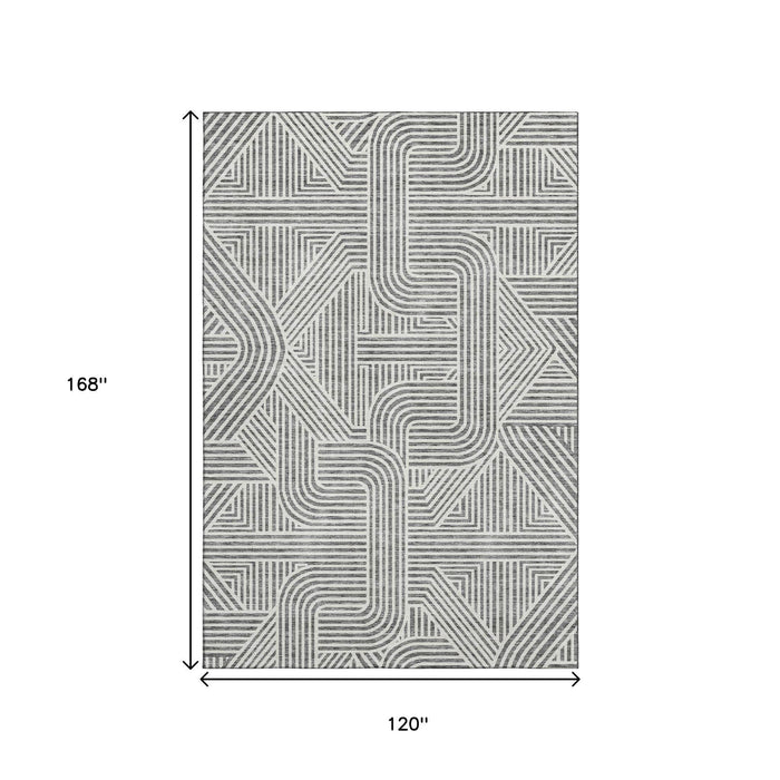 10' X 14' Abstract Geometric Washable Area Rug With UV Protection (672917) - Gray / Ivory