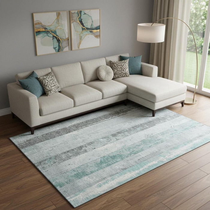 10' X 14' Striped Washable Area Rug With UV Protection (706307) - Pale Aqua / Gray