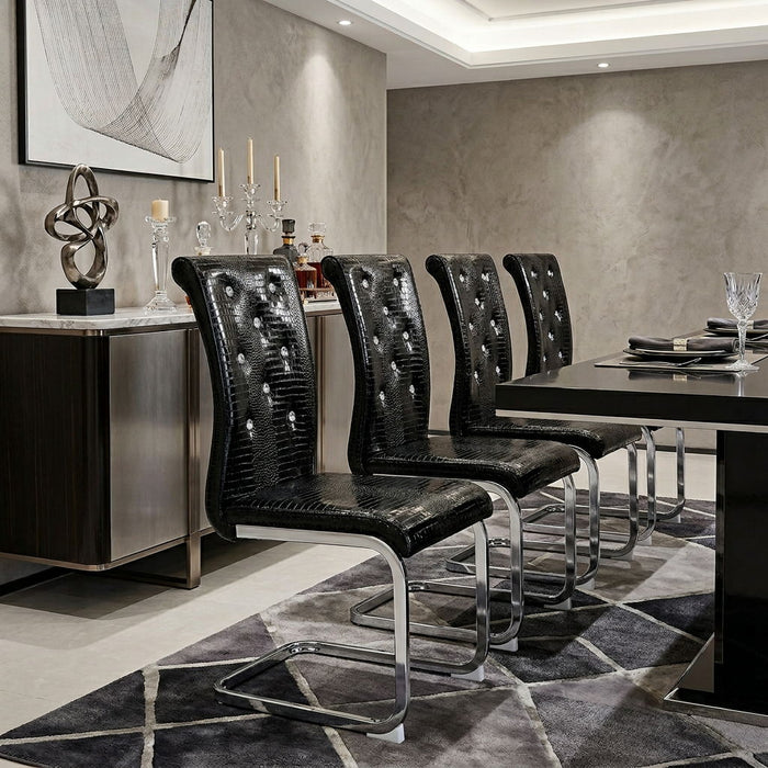 Faux Leather Metal Dining Side Chairs (Set of 4) - Black / Silver