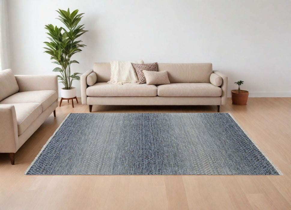 8' x 10' Wool Hand Knotted Area Rug With Fringe - Ivory Gray And Blue