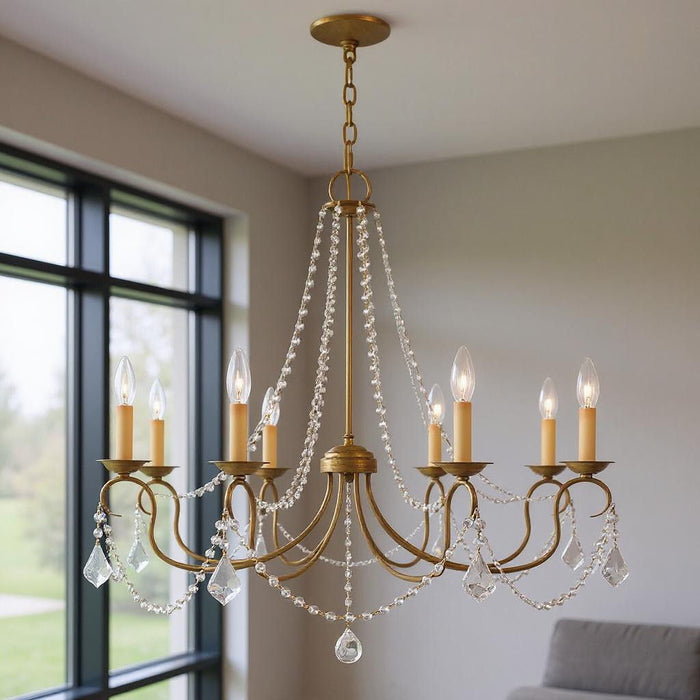 28-inch antique gold chandelier with eight shades and dimmable lights, featuring elegant design and classic chandelier style.