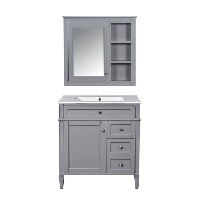 Gray Giga bathroom vanity with top sink, freestanding storage cabinet, mirror cabinet, 2 doors, and 3 drawers.