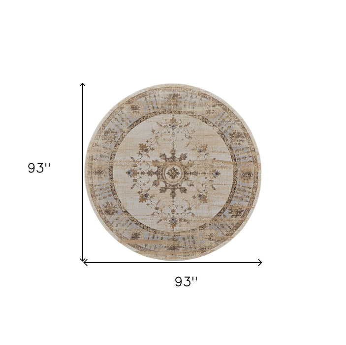 8' Round Oriental Power Loom Distressed Area Rug - Brown And Ivory