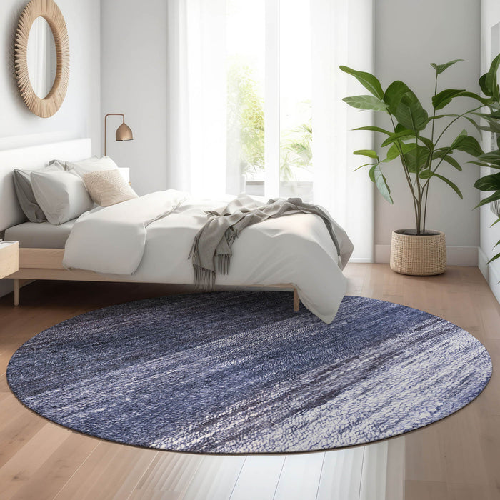 8' Abstract Washable Round Rug With UV Protection - Blue And Beige