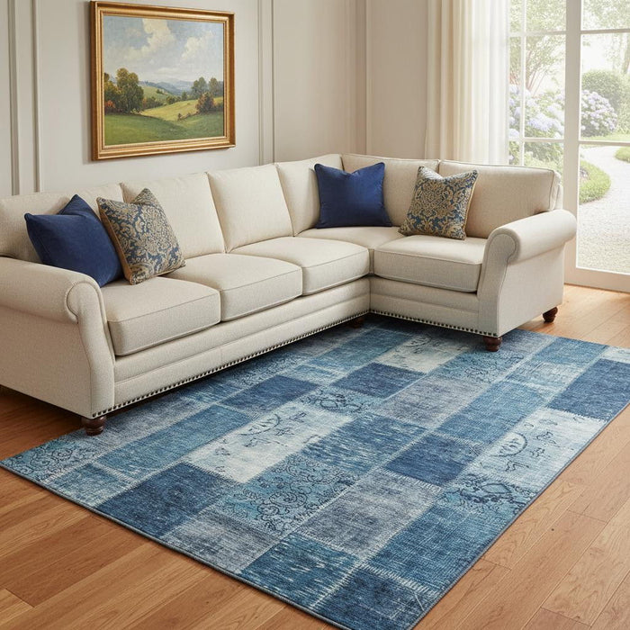 10' X 14' Patchwork Washable Area Rug With UV Protection (652935) - Blue / Ivory
