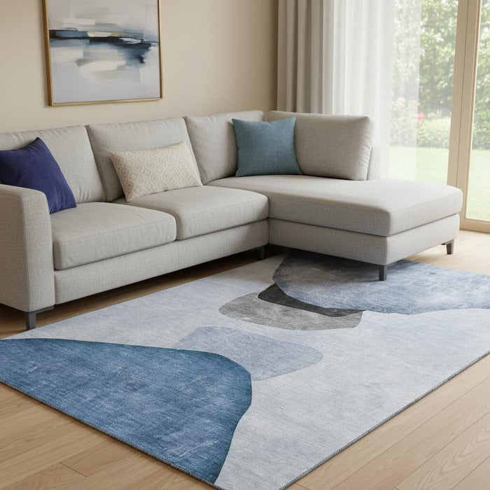 9' X 12' Abstract Washable Area Rug With UV Protection (648465) - Blue / Gray