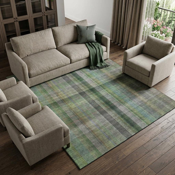 9' X 12' Plaid Washable Area Rug With UV Protection (648507) - Green / Gray