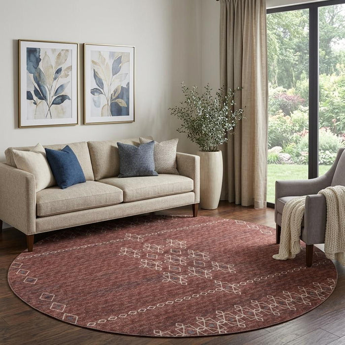 8' Tribal Washable Round Rug With UV Protection (644811) - Burnt Sienna / Ivory / Black