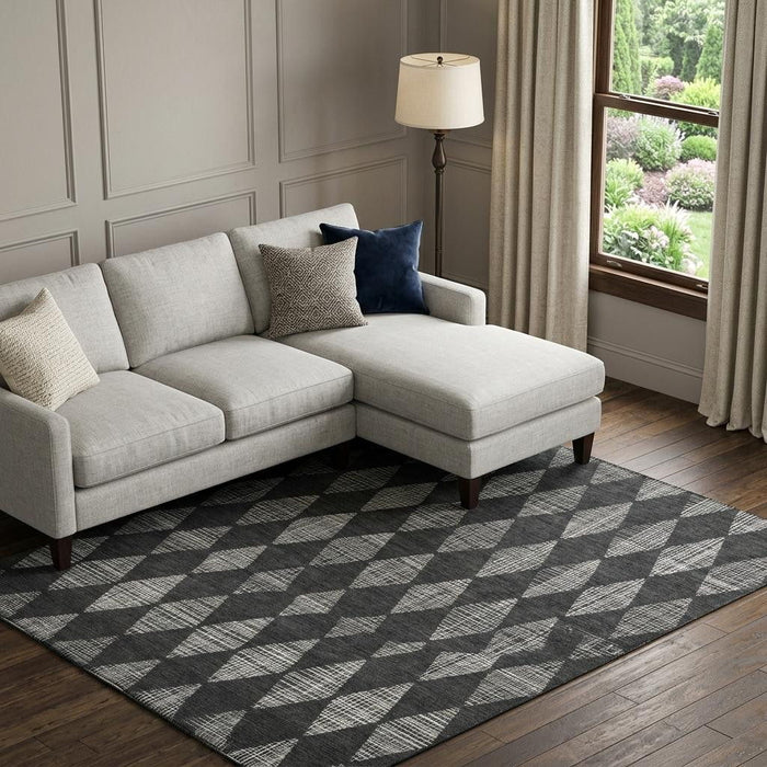 10' X 14' Diamond Washable Area Rug With UV Protection (650044) - Charcoal / Ivory