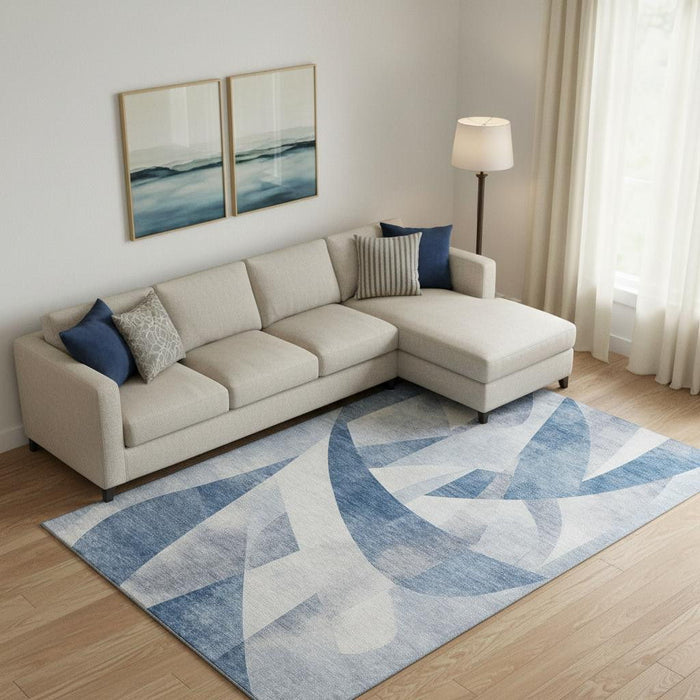 10' X 14' Abstract Geometric Washable Area Rug With UV Protection (705257) - Denim Blue / Ivory