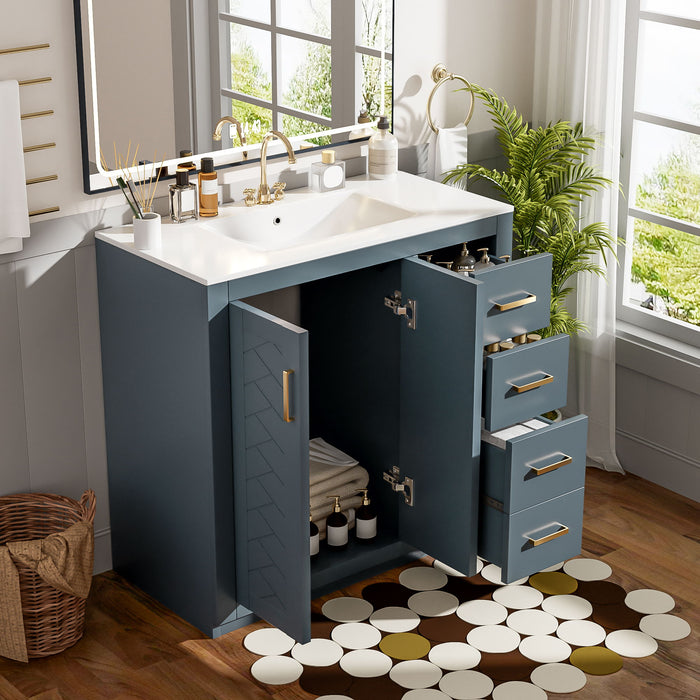 Giga bathroom vanity with sink, storage cabinet, three drawers, soft-closing doors, free-standing set in a modern design