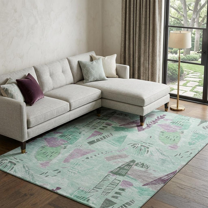 10' X 14' Geometric Washable Area Rug With UV Protection (694532) - Pale Aqua / Teal / Green
