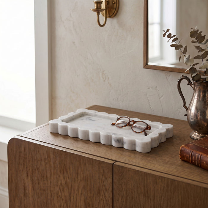 Marble tray from Meridian Furniture's Josie collection, featuring a smooth white marble surface and elegant design for home decor.