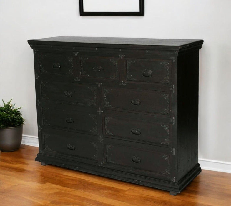 60" Carved Scrollwork Solid Wood Nine Drawer Double Dresser - Dark Brown