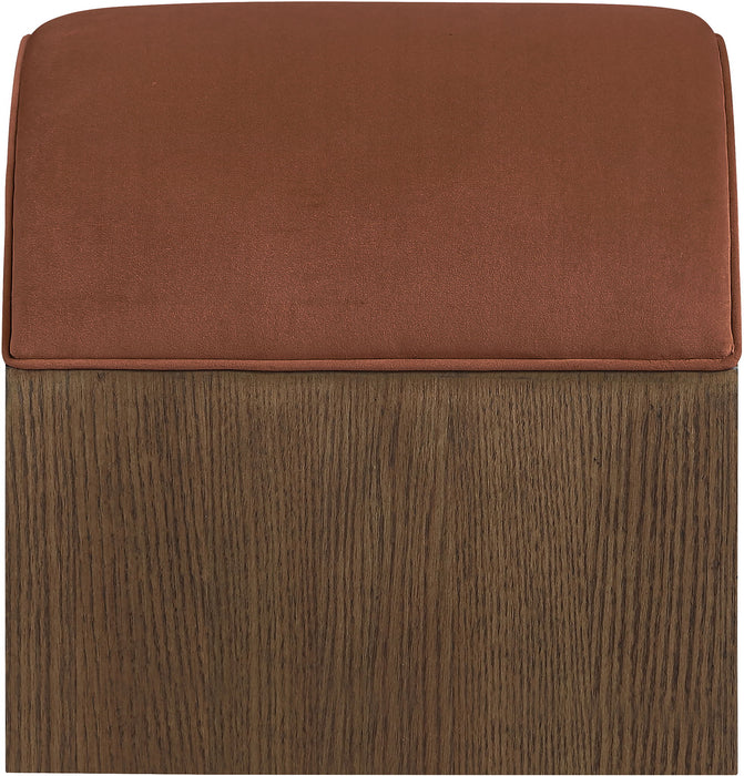 Velvet upholstered bench by Meridian Furniture featuring sleek design and plush Sable velvet performance fabric.