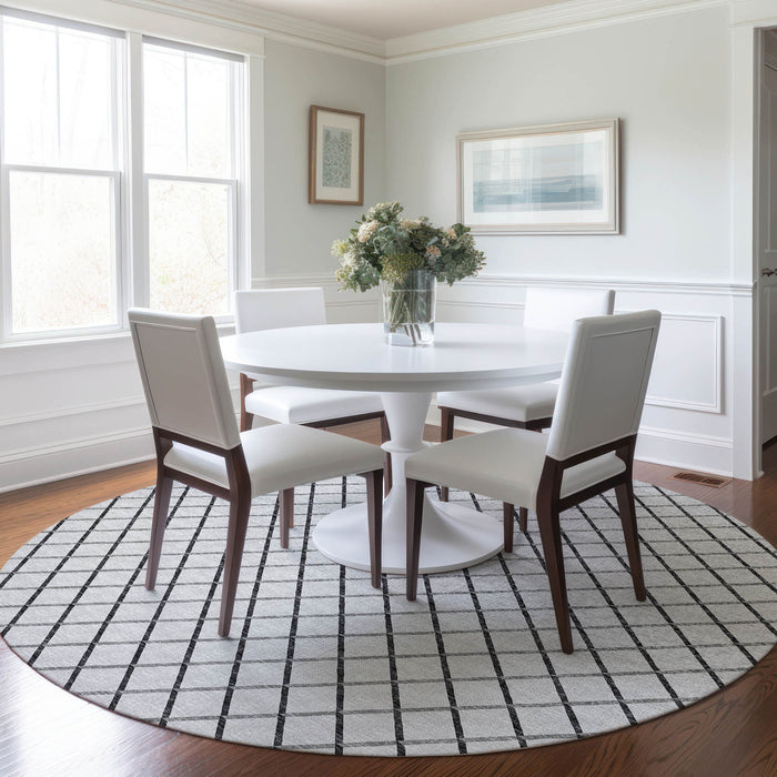8' Geometric Washable Round Rug With UV Protection - Gray And Black