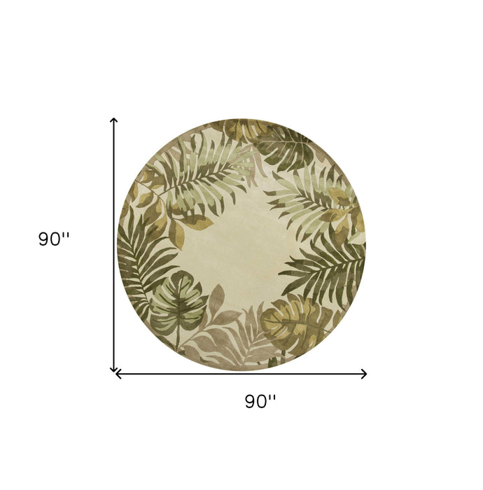 8' Hand Tufted Bordered Tropical Leaves Round Indoor Area Rug - Ivory