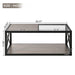 Giga industrial style coffee table with tempered glass top and wood grain finish for bedroom or living room decor.