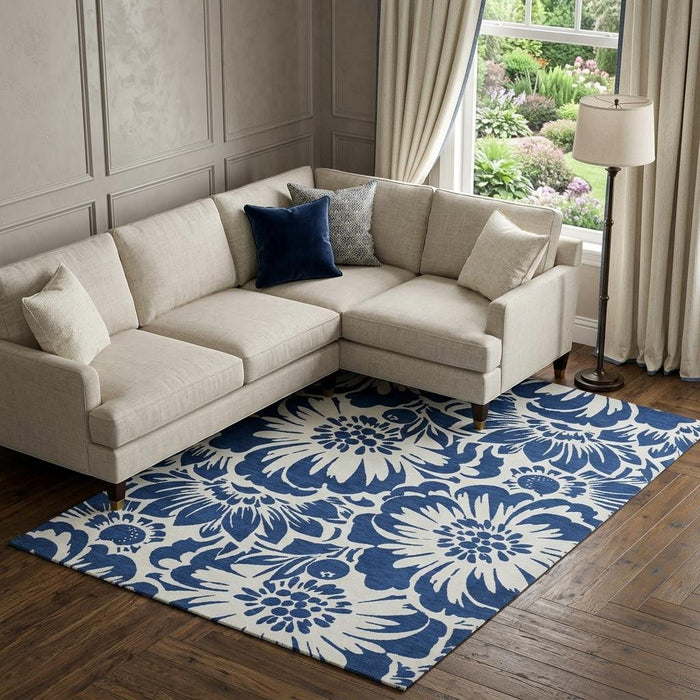 10' X 14' Floral Washable Area Rug With UV Protection (648670) - Navy Blue / Ivory