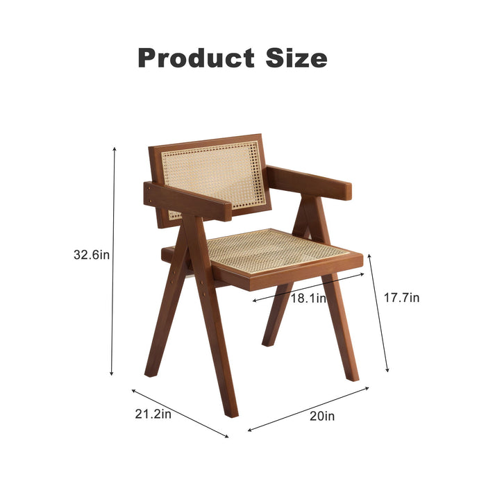 Set of 2 Giga modern mid-century rattan dining chairs with armrests, wooden outdoor accent chairs in walnut finish.