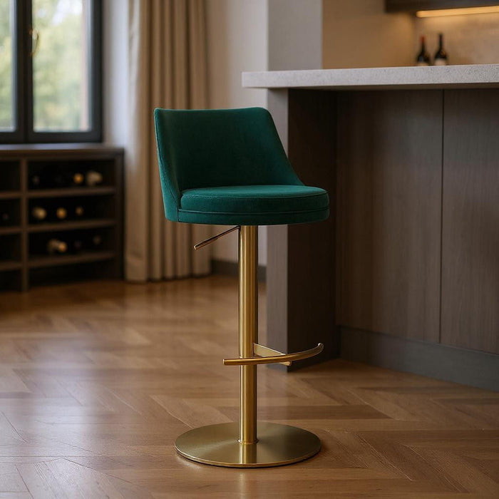 Velvet Low Back Adjustable Height Swivel Bar Chair - Green / Gold