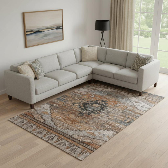 10' X 14' Oriental Washable Area Rug With UV Protection (701057) - Terra Cotta / Gray / Beige