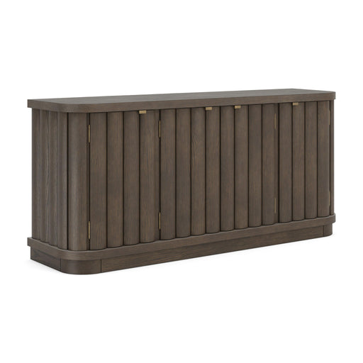 Signature Design by Ashley Darimore extra large TV stand in burnished brown with open shelves and storage compartments.