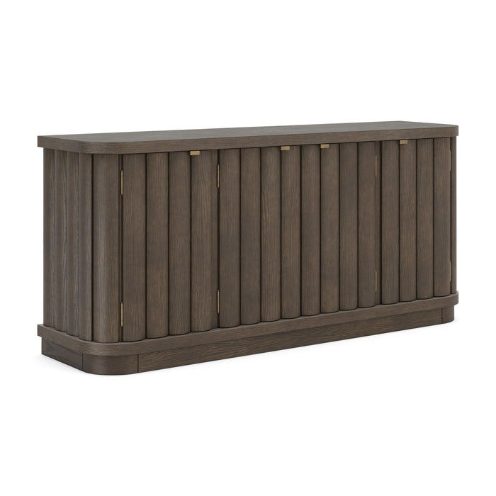 Signature Design by Ashley Darimore extra large TV stand in burnished brown with open shelves and storage compartments.