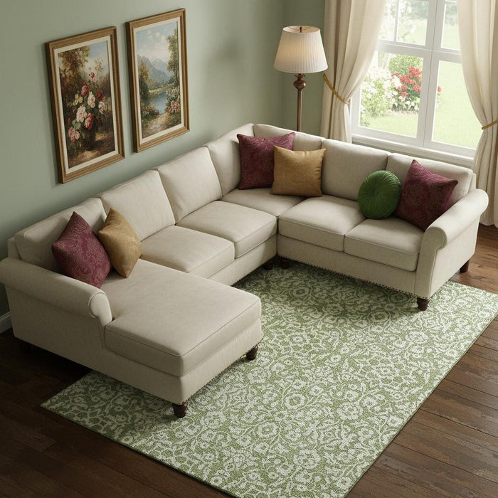 10' X 14' Damask Washable Area Rug With UV Protection (673133) - Green / Ivory