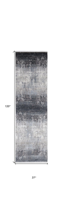 3' x 10' Abstract Power Loom Distressed Runner Rug With Fringe - Gray Black And Silver