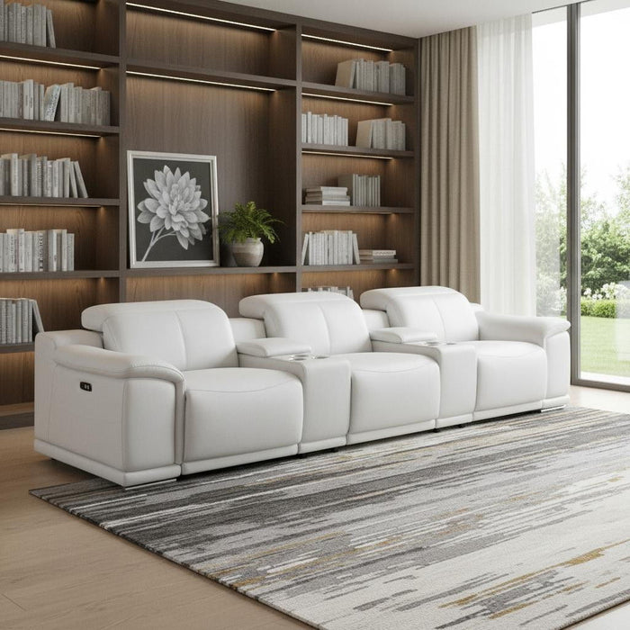 134" Leather Reclining USB Sofa - White
