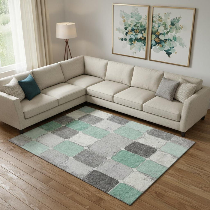 10' X 14' Geometric Washable Area Rug With UV Protection (709126) - Mint Green / Ivory / Gray