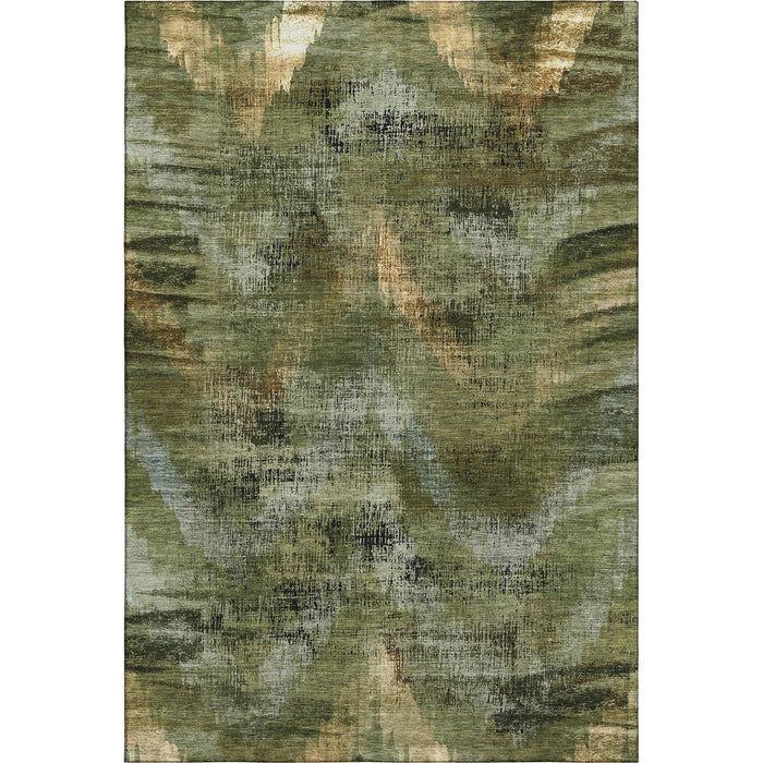 8' X 10' Abstract Washable Area Rug With UV Protection - Olive Green And Charcoal