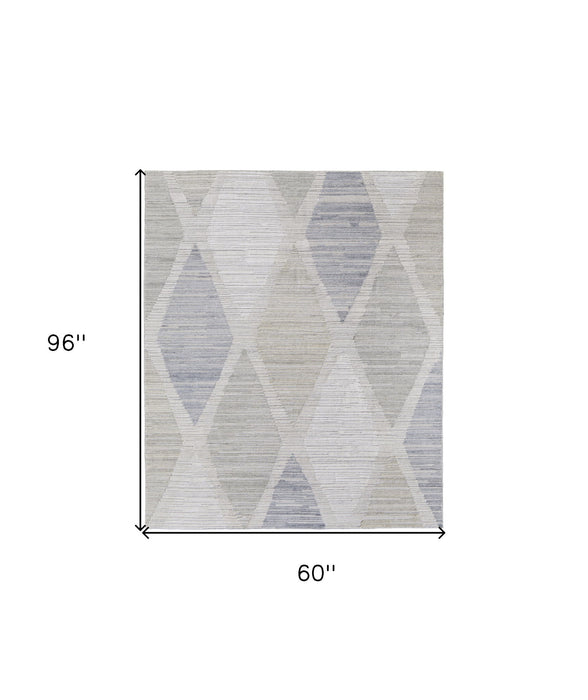 5' x 8' Geometric Hand Woven Area Rug - Ivory And Blue
