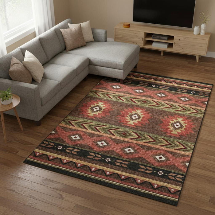 10' X 14' Geometric Washable Area Rug With UV Protection (645660) - Brown / Green / Rust