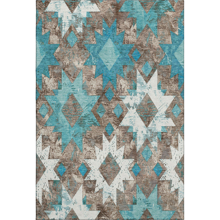 10' X 14' Southwestern Washable Area Rug With UV Protection (706661) - Teal / Taupe / Ivory