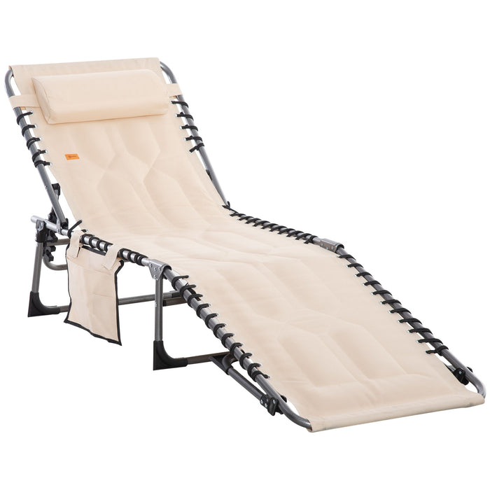 Giga Outsunny beige padded folding lounge chair with 6-level recline, headrest, suitable for outdoor beach, yard, patio, or pool.