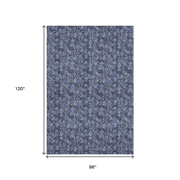 8' X 10' Floral Washable Area Rug With UV Protection (656452) - Navy Blue / Ivory