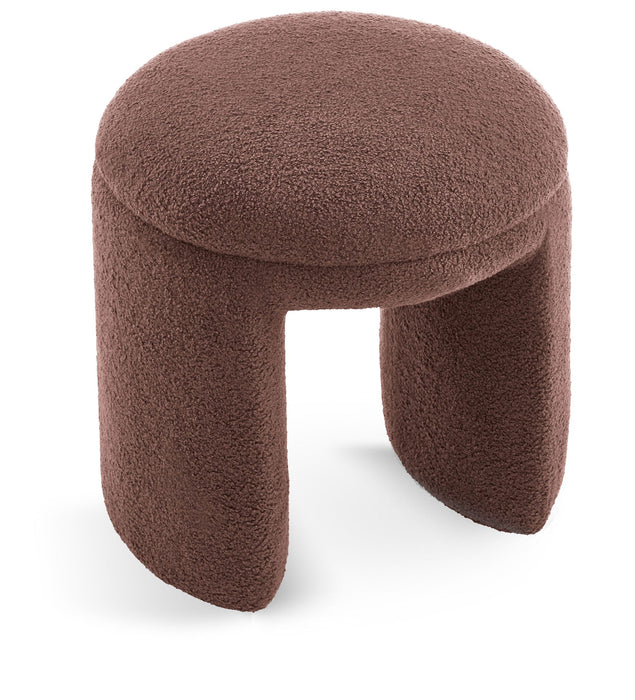 Meridian Furniture Bowen Ottoman stool with upholstered fabric, round shape, and wooden legs, suitable for living room or bedroom decor.