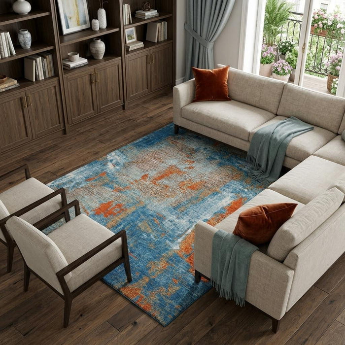 10' X 14' Abstract Washable Area Rug With UV Protection (678017) - Navy Blue / Orange / Teal