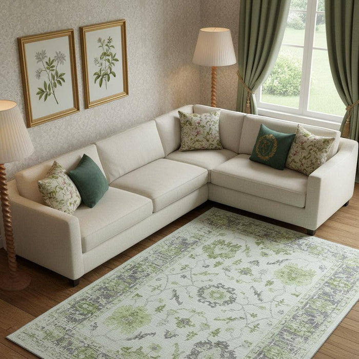 10' X 14' Oriental Washable Area Rug With UV Protection (709890) - Mint Green / Gray