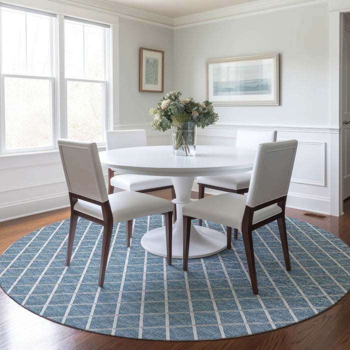 8' Geometric Washable Round Rug With UV Protection - Sky Blue / Ivory