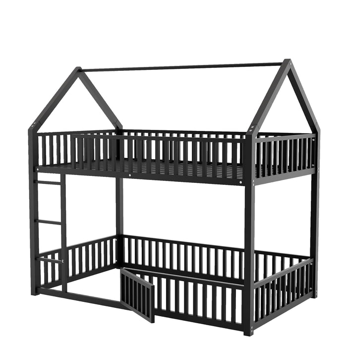 Giga metal house bunk bed with fence and door, featuring a sturdy frame, safety railings, and a cozy house-shaped design for kids.