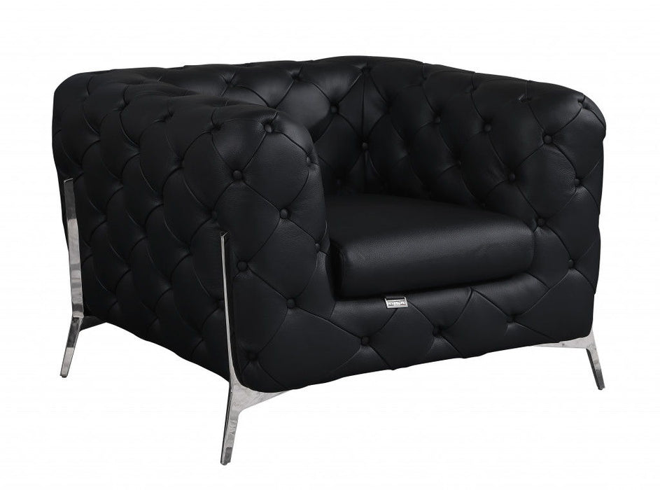 Italian Leather Tufted Chesterfield Chair - Black And Silver