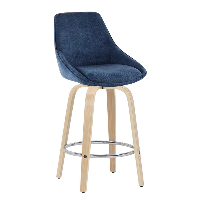 Diana - Fixed - Height Counter Stool - Natural Wood Legs And Round Chrome Footrest With Blue Corduroy Fabric (Set of 2)