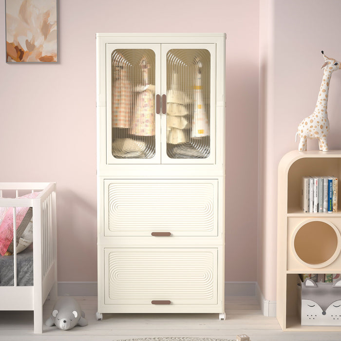 Cream white Giga portable wardrobe closet with magnetic doors and hanging rod, showing organized interior and easy access design.